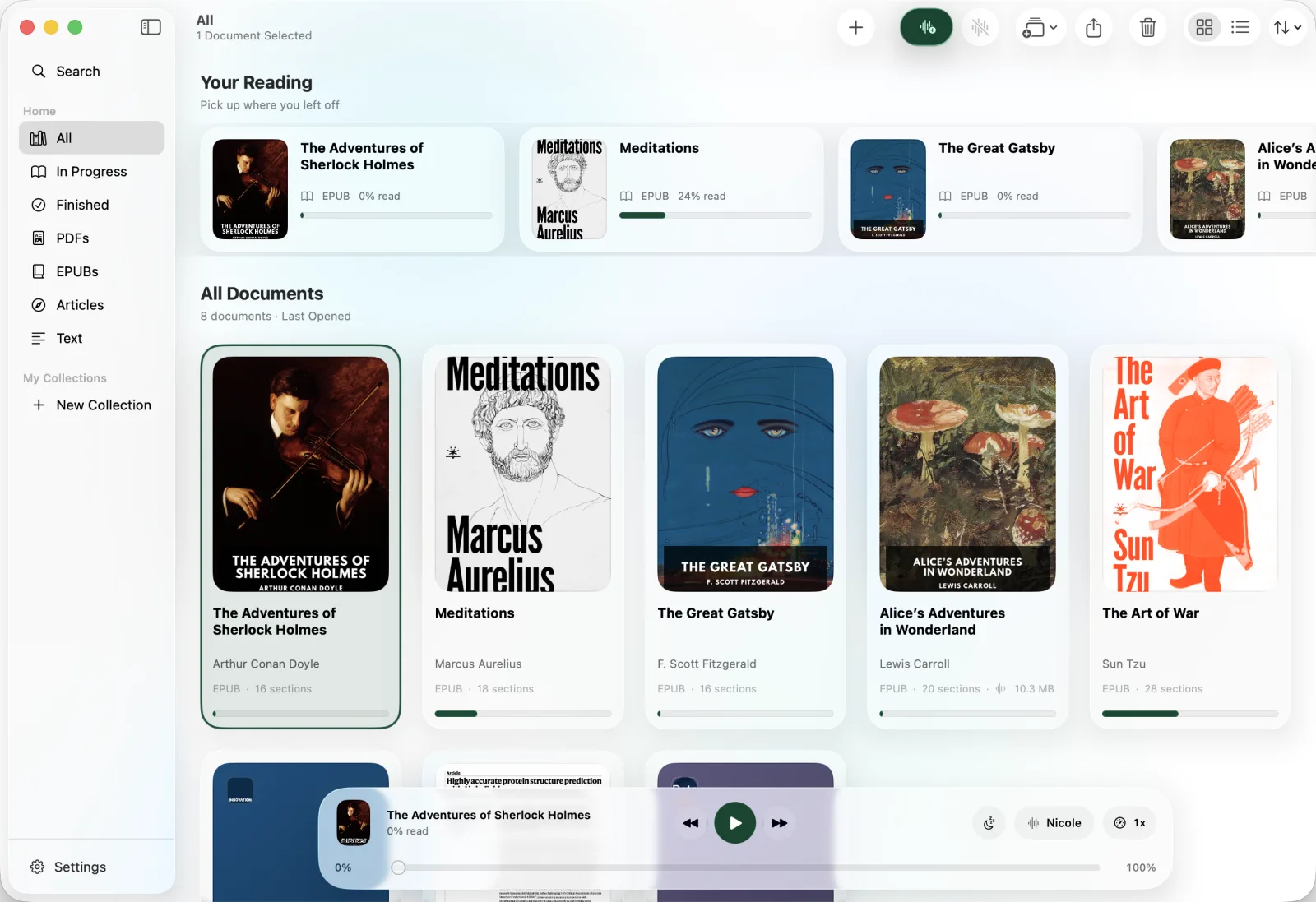 ONarrator library on Mac with book covers and reading progress